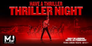 A vibrant promotional banner featuring bold text and graphics for "MJ The Musical" in dynamic colours.