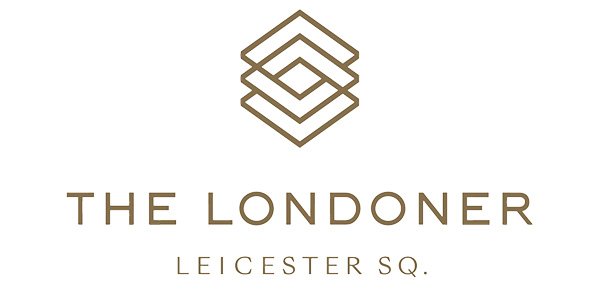 Gold logo for The London, Leicester Square, featuring geometric shapes and elegant typography on a white background.