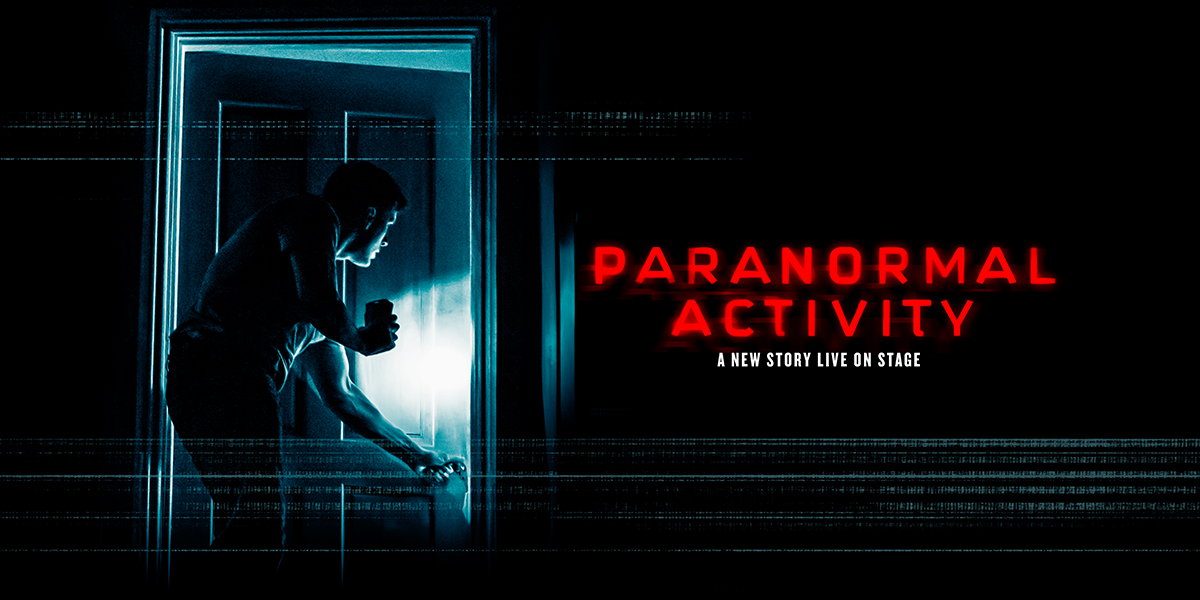 A dark, eerie scene featuring a shadowy figure in a dimly lit room, with unsettling textures and tones. It reads 'Paranormal Activity' on the right hand side.