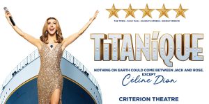 A theatrical poster featuring a stylised ship sinking, with dramatic waves and a dark blue background.