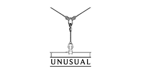 Logo featuring the word "UNUSUAL" in bold, with a graphic of a hanging mechanism above it.
