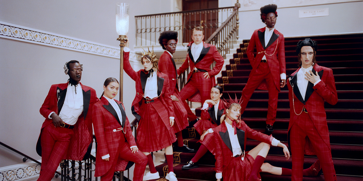Theatre Royal Drury Lane's new Red Coat uniforms, designed by Charles Jeffrey, displayed on mannequins.